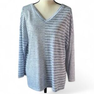 NWT Berkley Jensen Blue Striped V-Neck Long Sleeve Top Size XXL